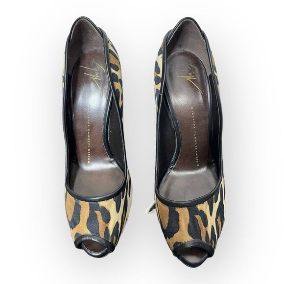 Giuseppe Zanotti Leopard Print Canvas Peep Toe Pumps 37.5 w/ dustbag - Picture 4 of 11